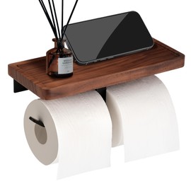 TOKCKYBL Double Toilet Paper Holder with Walnut Wood Shelf - Wall Mount & Self-Adhesive Bathroom Tissue Roll Holder, Black Stainless Steel with Walnut Shelf for Phone - Home Apartment Restroom
