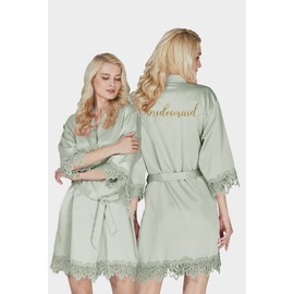 Y WJing Yi Jia Bride Robe - Womens Satin Bridal Morning Robe With Lace Trim & Monograms