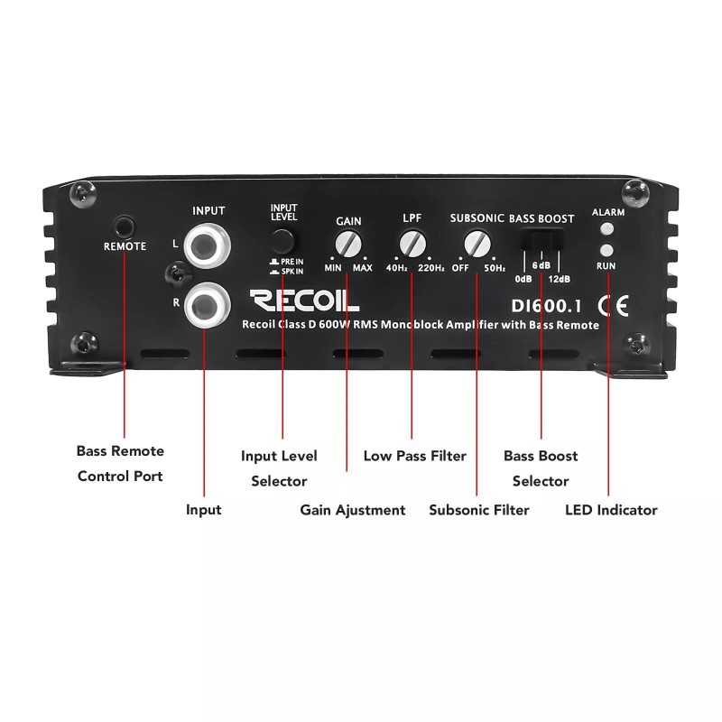 Recoil DI600.1 Class-D Car Audio Mono-block Subwoofer Amplifier, 1200 Watts