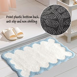 Luxury Cute Bathroom Rugs, White Bath Mat W/Blue Scalloped Edge, Microfiber Aesthetic Trendy Funky Fun Preppy Rug, Extra Soft Bathroom Mat Non-Slip for Tub, Shower, and Bath Room 32'' x 20''