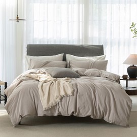 ELIMMO Cooling California King Duvet Cover Set 3 Pieces-100% Washed Cotton Linen Like Textured Soft Comfy Bedding-Zipper Closure,Includes 1 Duvet Cover & 2 Pillow Shams(Beige Grey,Cal King 104"x98")