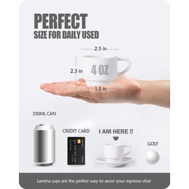 Lareina Porcelain Stackable Espresso Cups with Saucers, Spoons and Metal Stand 4 Ounce Small Cappuccino Coffee Cups Set of 6 - Ceramic Demitasse Cups for Nespresso Lungo, Double Espresso, White