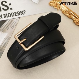 VONMELLI Women's Belt for Jean Dress, Black Leather Belt for Women Fashion Ladies Belt with Fashion Bright Gold Buckle Fit for Waist Size 32''-37''