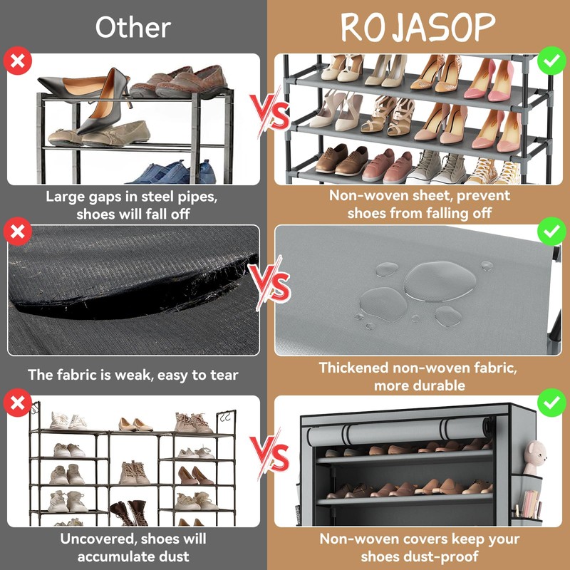 ROJASOP Shoe Rack with Covers, Stackable 10 Tier Tall Shoe
