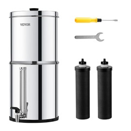 VEVOR Gravity-fed Water Filter System, 2.25G 304 Stainless-Steel Countertop System, Water Filtration System, Reduces Lead and up to 99% of Chlorine, with 2 Carbon Filters, and Water Level Spigot