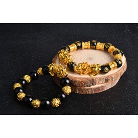 BEAUTEVER Feng Shui Lucky Nafu Wealth Bracelet Pi Xiu Pi Yao Black Beads Obsidian Friendship Charm Bracelet for Men Women Set Thousands of Gold(2 Pcs)