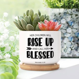 DecStic Her Children Will Rise Up Ceramic Planter Bible Verse Planters for Indoor Plants with Drainage Holes and Saucers Pot for Home Desktop Office Windowsill