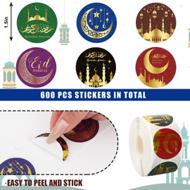 JarThenaAMCS 600Pcs Eid Mubarak Stickers Gold Foil Ramadan Kareem Decals Mosque Moon Star Round Adhesive Sealing Labels for Islamic Muslim Party Favors Supplies