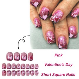 OHWODA Pink Valentine’s Press on Nails Short Square Shaped with Heart and Glitter Designs Valentine’s Day Fake Nails Glossy Pink Acrylic Nails Valentine’s Nails Press ons False Nails for Women 24Pcs