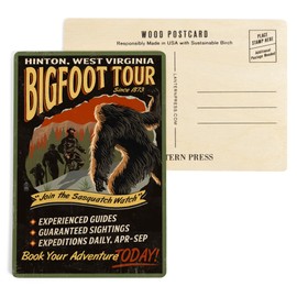 Hinton, West Virginia, Vintage Sign, Bigfoot Tours (4x6 Birch Wood Postcards, 2-Pack Stationary, Rustic Home Wall Decor)