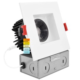 LUXRITE 4 Inch Square LED Recessed Lighting with Junction Box, 15W, 5 Color Selectable 2700K-5000K, 1100 Lumens, 40° Spotlight, Dimmable Downlight, Wet Rated, IC Rated - Smooth Trim