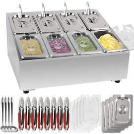 Lanstics 8 Pans Spice Rack Shelf 2 Row Stainless Steel Spice Organizer Stand with Lids Spoons Countertop Inclined Holder Buffet Containers Set for Sauce Jam Fruits Ingredient Kitchen Restaurant Pantry