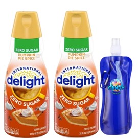 International-Delight Liquid Coffee Creamer.- Two (2) 32 fl oz Bottles of Sugar Free Creamy Smooth Delightful Coffee Creamer and Candy Freezer Collapsible Bottle (Pumpkin Pie Spice Zero Sugar) Bottle