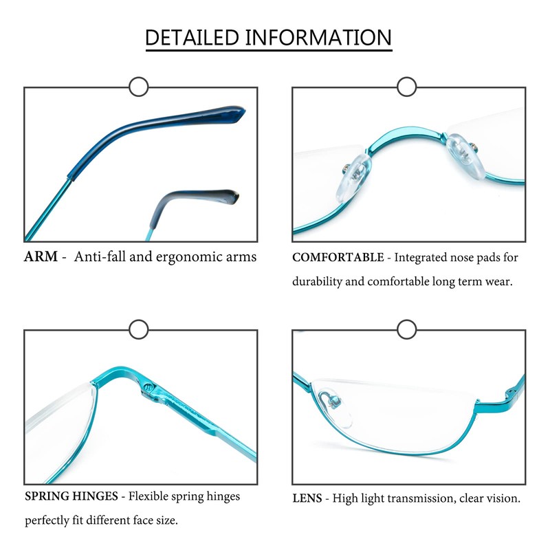 Half Reading Glasses - 2 Pairs Half Rim Metal Frame