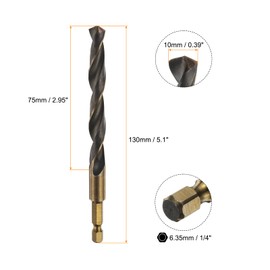 sourcing map 1/4" Hex Shank Twist Drill Bits 10mm Gold Titanium & Black Nitride Coated 4341 High Speed Steel Quick Change Hex Drilling Bit Jobber Drill Bits for Wood Plastic Metal