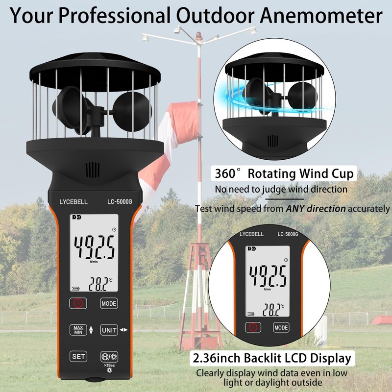 LYCEBELL Digital Anemometer Handheld Wind Speed Meter 360° Wind Measurement