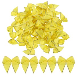 MECCANIXITY 50Pcs Mini Metallic Edge Ribbon Bow 1" Satin Ribbon Flower Bows Soft for Craft DIY Hair Bow Sewing Wedding Birthday Party Silver Edge Yellow