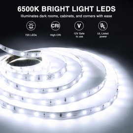 Onforu LED Strip Lights,39.37ft 6000K Dimmable Daylight White Tape Light,12m 720 LEDs 2835 Flexible Ribbon Mirror Light, 12V Adhesive Rope Lights for Kitchen, Under Cabinet, Bedroom