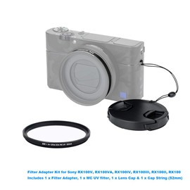 JJC Lens Accessory Set 4 Pieces for Sony RX100VA, RX100V, RX100IV, RX100III, RX100II, RX100 with Lens Adapter, UV Filter, Lens Cap and Lens Cap Holder (52 mm)