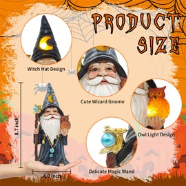 CFFOWNUG Helloween Solar Gnomes Decoration: 8.7'' Funny Sorcerer Gnome Statue with Owl & Magic Wand for Garden Home Fireplace Office Party Perfect Collectible Figurines Gift for Womens