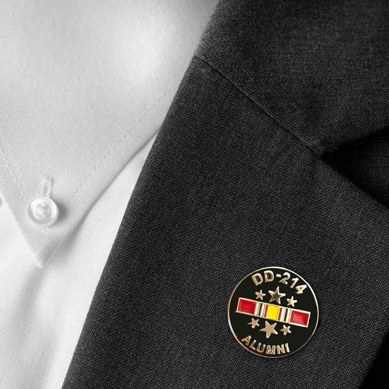 DD214 Lapel Pin with National Service Ribbon and Stars Hat