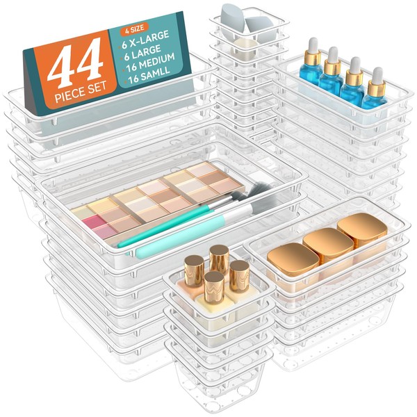 WOWBOX 44 PCS Clear Plastic Drawer Organizer Set, 5 Varied