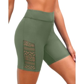 Pantalones cortos de natación de 7 pulgadas para mujer, traje de baño de cintura alta, pantalones cortos con control de abdomen para niño, traje de baño 2025, Verde oliva, M