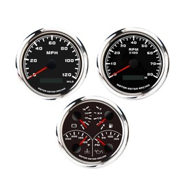 MOTOR METER RACING W PRO Series 3 Gauge Set 85mm 3-3/8" GPS Speedometer, Tachometer & 4 in 1 Multi-Function Volt, Fuel Level, Water Temperature & Oil Pressure Black Dial White LED for Car, Boat