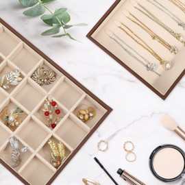 Voova Stackable Jewelry Organizer Tray with Lid, PU Leather Jewelry Storage Holder for Drawer Inserts, Jewellery Display Box Case for Earring Necklace Ring Watch Bracelet (Set of 4, Caramel Brown)