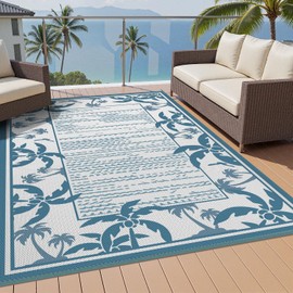 COCOER Outdoor-Rug 6x9 ft Waterproof Reversible Outdoor Plastic Straw Rug RV Indoor Outdoor Carpet Quick Dry Patio Rug Camping Mat for Balcony Backyard Picnic Beach-Blue&White