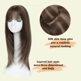 YKHJH Hair Topper,360° 3D Hair Toppers for Women with Thinning,7"X 8" Large Base 22 Inch Long Layered Synthetic Wig with Bangs for Daily Use (Dark Brown with High lights)