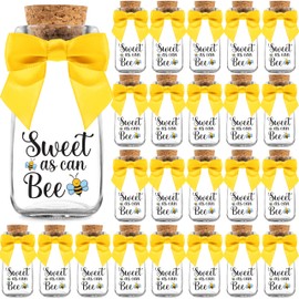 Ethisa 24 Pack Sweet As Can Bee Party Favor Glass Bottles with Ribbons and Stickers - Vintage Baby Shower and Birthday Souvenir for Guests and Table Centerpiece Decoration - Honey Bee Themed Candy Jar