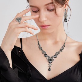 EVER FAITH Costume Rhinestone Jewelry Sets for Women, Crystal Floral Wave Teardrop Pendant Necklace Dangle Earrings Bracelet Ring Set Gray Silver-Tone