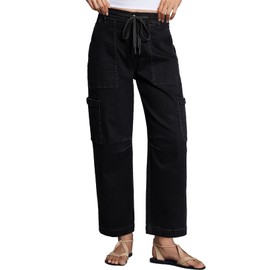 Dokotoo Jeans for Women Trendy 2025 Fall Fashion Casual Baggy High Waisted Straight Wide Leg Stretch Cargo Jeans with Pockets Loose Elastic Drawstring Lightweight Cotton Denim Pants Black Size 12