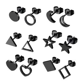 JewelryWe 6 Pairs Surgical Steel Earrings 316L Hypoallergenic Hollow Star Moon Geometric Love Heart Black Stud Earrings Set for Men Women