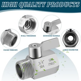 Garden Hose Shut Off Valve, 3/4"GHT Thread Water Hose Shut Off Valve Heavy Duty Garden Hose Connector, 304 Stainless Steel High Flow Hose Ball Valve Adapter（2 Packs）