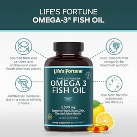 Lifes Fortune Suplemento de concentrado de Omega 3 de aceite de pescado (2500 mg, 60 cápsulas blandas), alta potencia, ácidos grasos EPA y DHA -