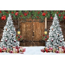 Xiaoterna 7x5ft Merry Christmas Backdrop for Photography Winter Wooden Door Barn Decoration Backdrops Snow Winter Wonderland Wreath Gifts Xmas Background for Happy New Year Photo Props
