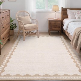Scalloped 4x6 Rug Non-Slip Washable Low-Pile Carpet - Solid Beige Modern Rugs for Bedroom Living Room Nursery Kitchen Entryway Indoor Mat with Rubber Back