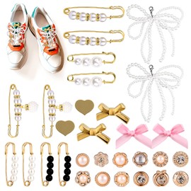 30pcs Shoe Charms for Sneakers, Shoelace Charms DIY Pearl Bows Rhinestone Shoe Lace Accessories Pins for Women Shoe Decoration Charms and Shoes Jewelry