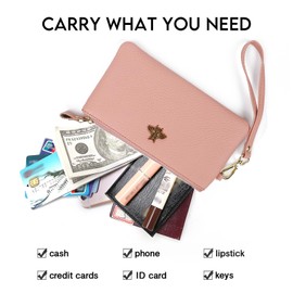 imeetu Women's Wristlet Clutch Leather Wallet, Handbags purse with Wrist Strap,Signature Wallet with Compartment for Smartphone Lipstick Cards (Pink)