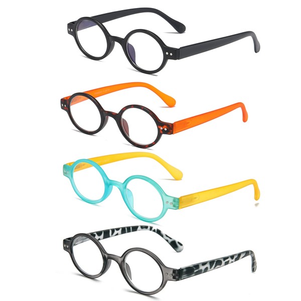 KoKoBin 4-Pack Mini Small Round Reading Glasses Comfortable Readers for