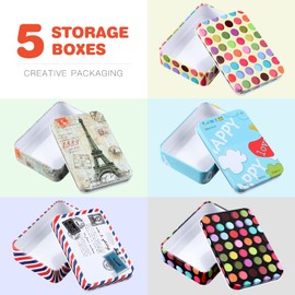 Frcolor Tin Can Mini Box Storage Tin, Rectangle, Metal Storage Case with Lid, Parts Box, Present, Small Storage, Miscellaneous Goods Holder, Stylish, Set of 5 (Colorful)