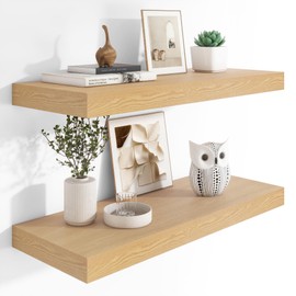 Heimlove 12" Deep Floating Shelves, 36 x 12 Inch Wall Mounted Long Floating Shelf with Invisible Brackets, for Home Decor, Bedroom, Kitchen, Living Room, Bathroom - 2 Pack, Oak