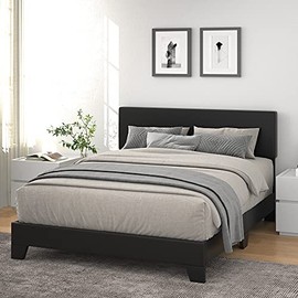 Allewie Full Size Bed Frame with Adjustable Headboard, and Waterproof Faux Leather Upholstered Platform, Sturdy Wood Slat Support, No Box Spring Needed, Easy Assembly, Black