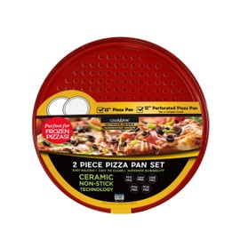 casaWare 2pc 12-inch Ultimate Pizza Pan Set, Nonstick, Ceramic Coated, (1) Solid, (1) Perforated (Red Granite)
