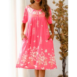 Marvmys Muu Muu Nightogwns for Women with Pockets Short Sleeve House Dress Grandma Lounger Dress Floral Print Patio Dress Moo Moo Dress for Ladies Pink XXL