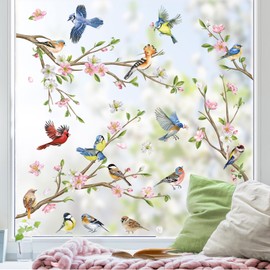 wondever Birds Tree Branch Window Stickers Hummingbirds Flower Spring Window Decals Anti Collision Double-Side Static Glass Sticker Decal for Home Glass Window Clings Decorations