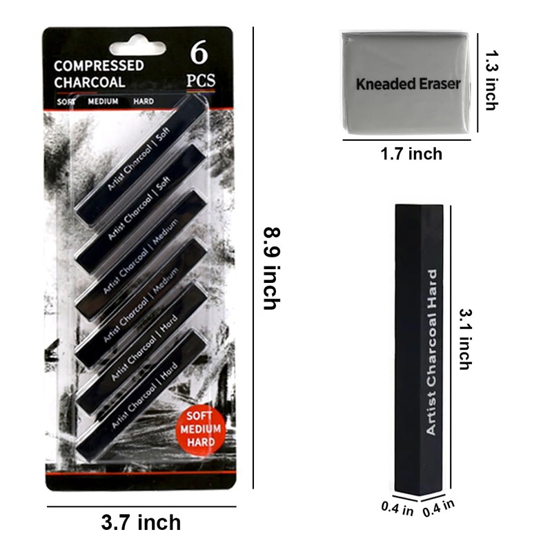 XQIGI Compressed Charcoal Sticks 6 PCS, Kneaded Rubber Erasers Large