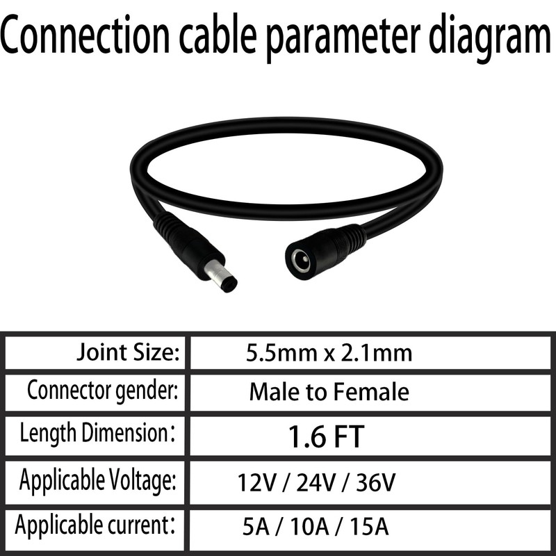 5.5mm x 2.1mm 1.6FT DC Power Extension Cable Male to